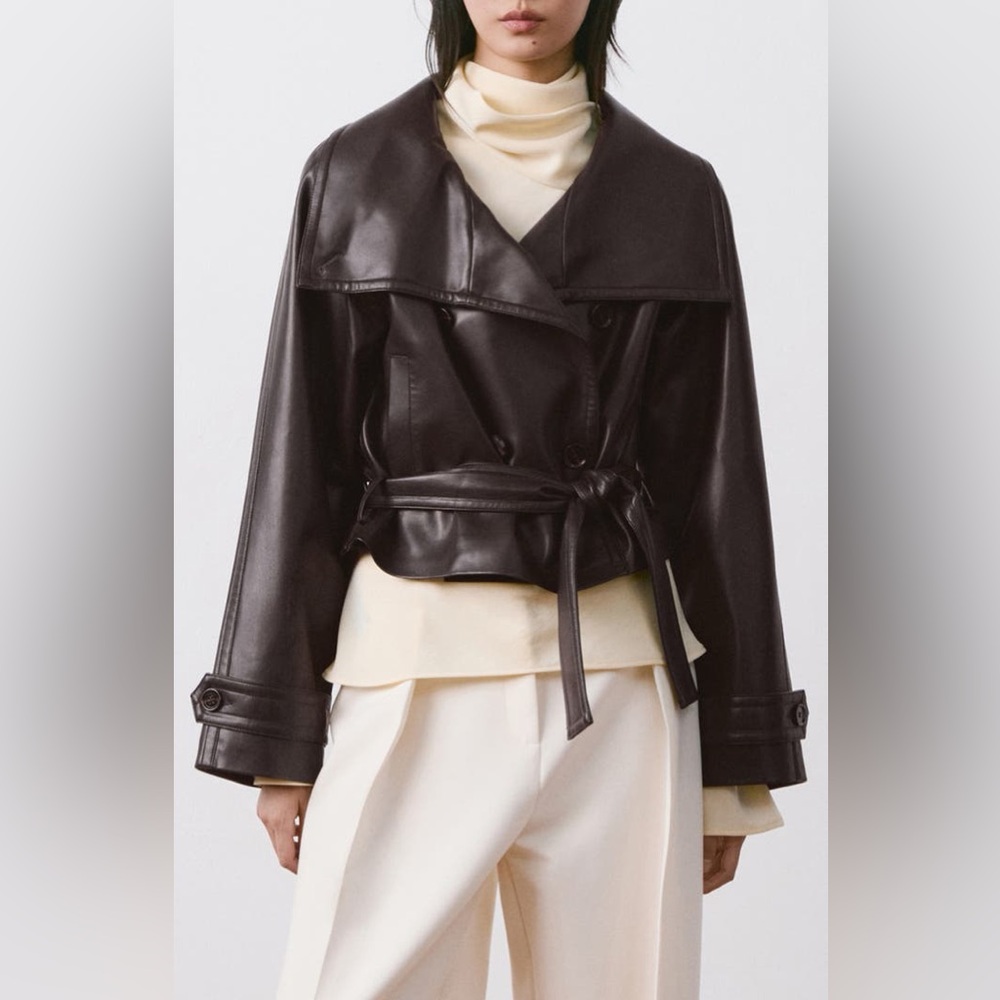 MANGO Faux Leather Belted Jacket in Maroon - Picture 2 of 7